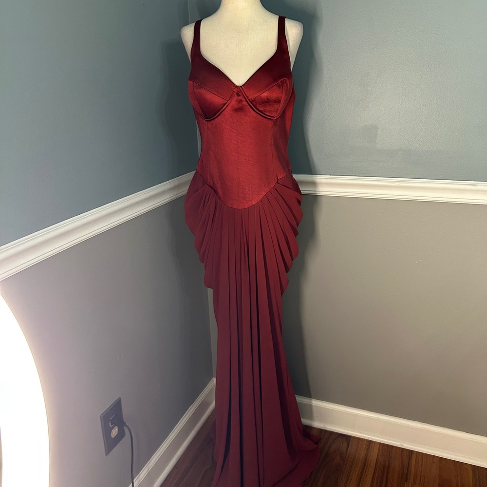 Meshki Burgundy Satin Corset Draped Maxi Dress XL Dark Red Formal Gown